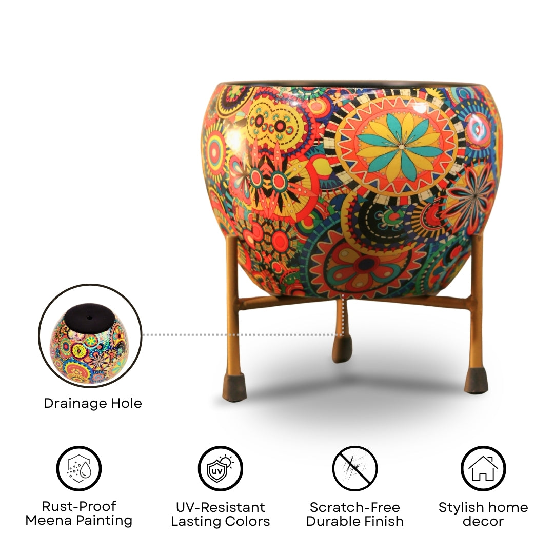 Rainbow Mandala  Printed Metal Pot with stand- 5 inches