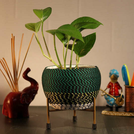 Green Thread Woven  Metal Pot with stand- 5.9 inches (Only Pot)