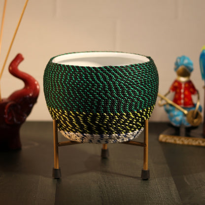 Green Thread Woven  Metal Pot with stand- 5.9 inches (Only Pot)