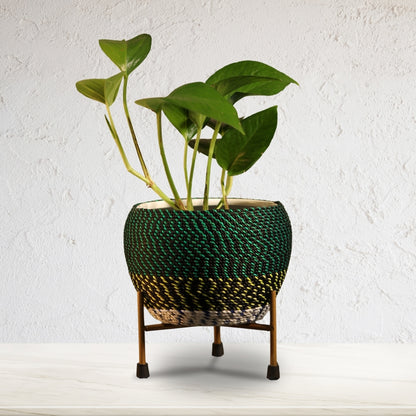 Green Thread Woven  Metal Pot with stand- 5.9 inches (Only Pot)