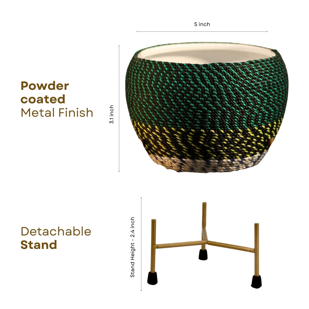 Green Thread Woven  Metal Pot with stand- 5.9 inches (Only Pot)