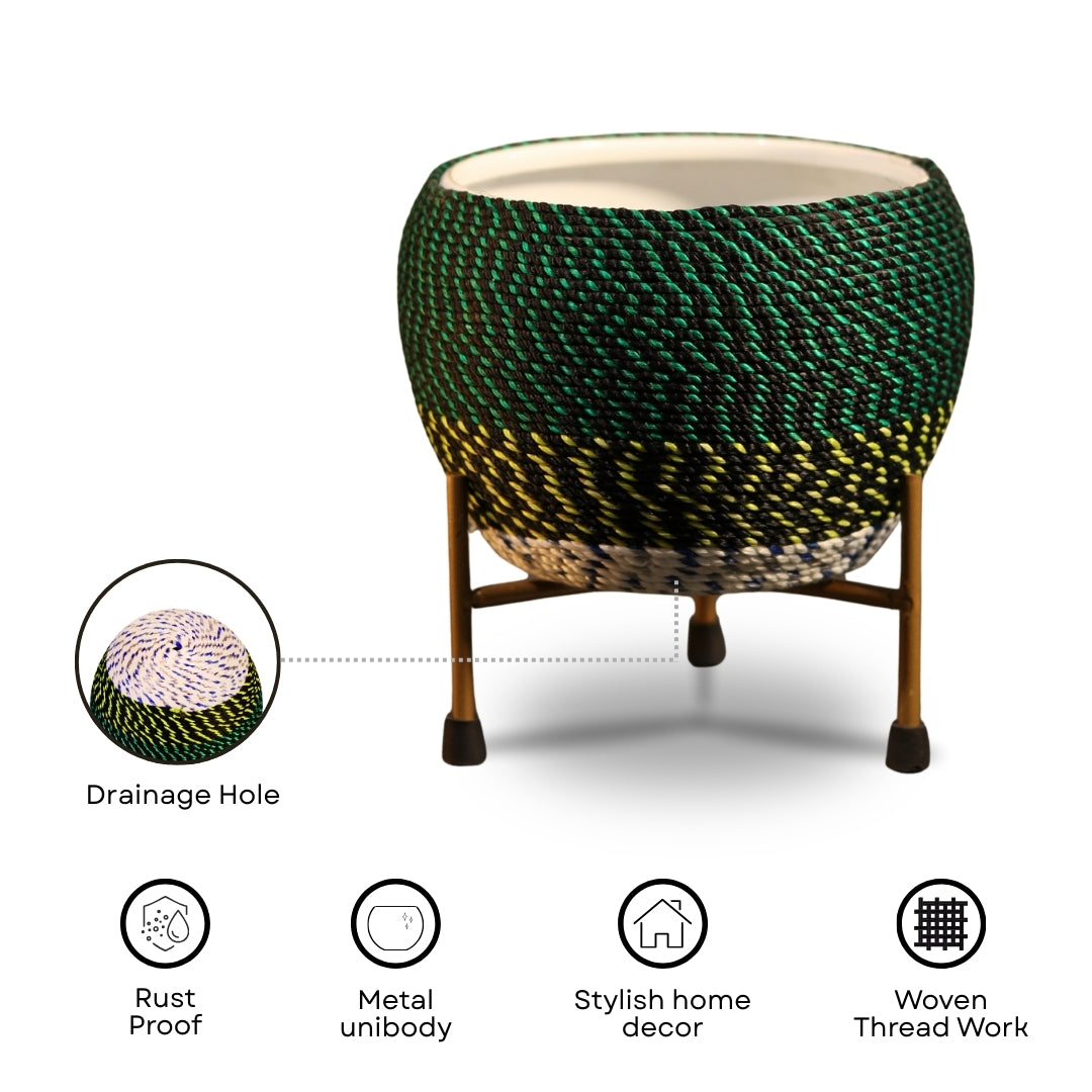 Green Thread Woven  Metal Pot with stand- 5.9 inches (Only Pot)