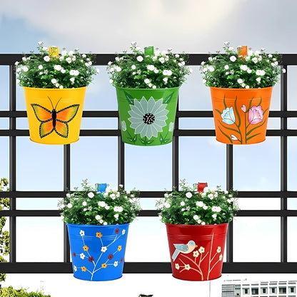 Digital Print Metal Iron Rust Proof Balcony Railing Hanging Flower Pots- Pack of 5