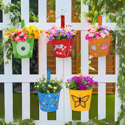 Digital Print Metal Iron Rust Proof Balcony Railing Hanging Flower Pots- Pack of 5