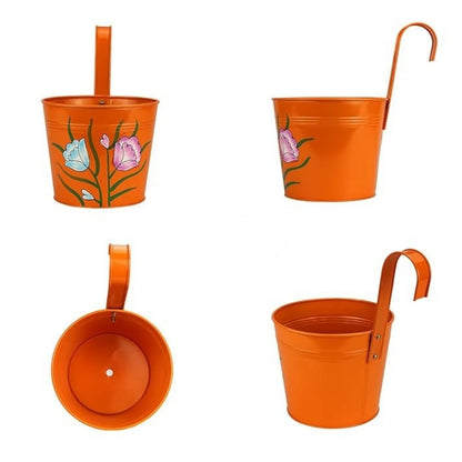 Digital Print Metal Iron Rust Proof Balcony Railing Hanging Flower Pots- Pack of 5