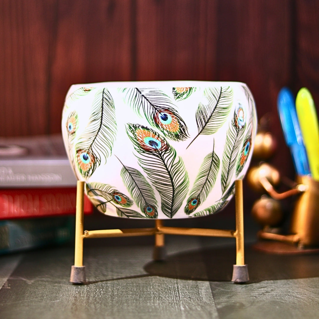 Peacock White  Printed Metal Pot with stand- 5 inches (Only Pot)