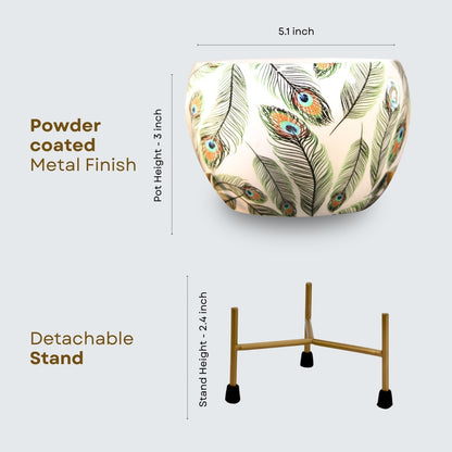 Peacock White  Printed Metal Pot with stand- 5 inches (Only Pot)