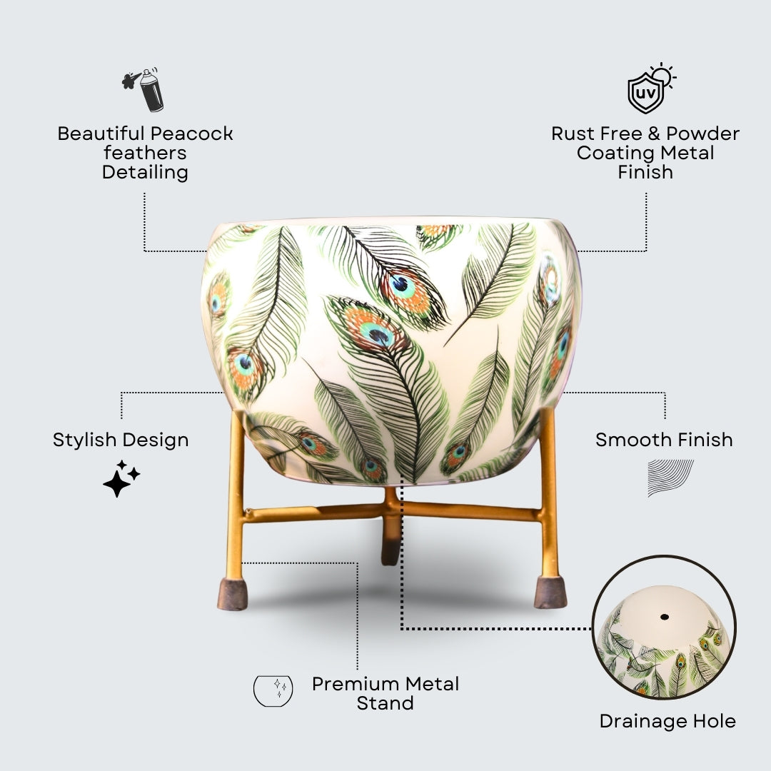 Peacock White  Printed Metal Pot with stand- 5 inches (Only Pot)