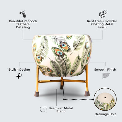 Peacock White  Printed Metal Pot with stand- 5 inches (Only Pot)