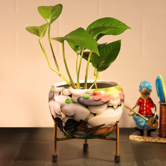 Stone  Printed Metal Pot with stand- 5 inches (Only Pot)