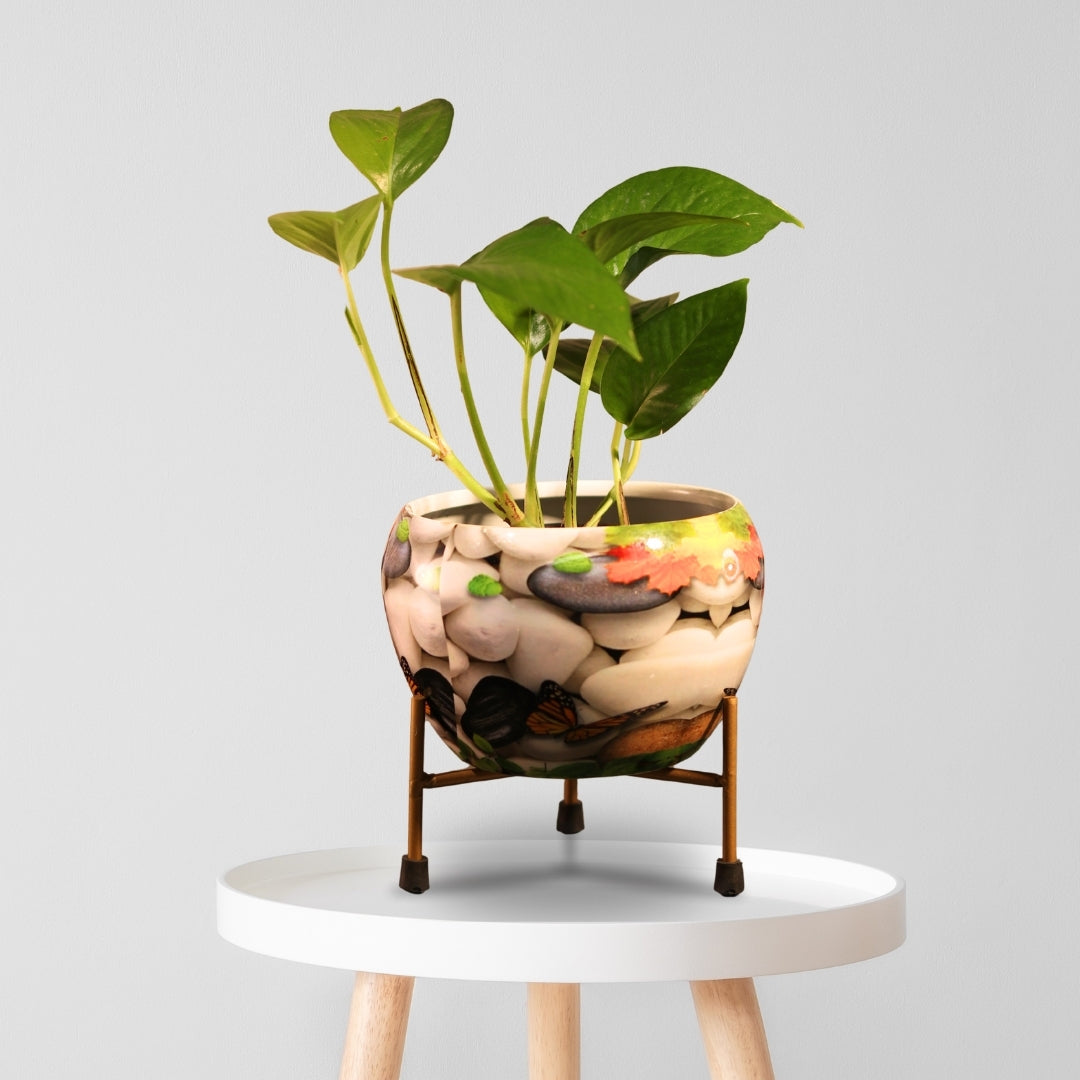 Stone  Printed Metal Pot with stand- 5 inches (Only Pot)