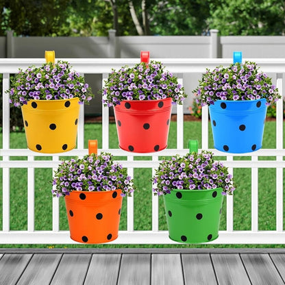 Poka Dot Print Metal Iron Rust Proof Balcony Railing Hanging Flower Pots- Pack of 5