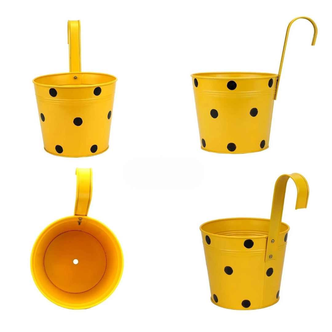 Poka Dot Print Metal Iron Rust Proof Balcony Railing Hanging Flower Pots- Pack of 5
