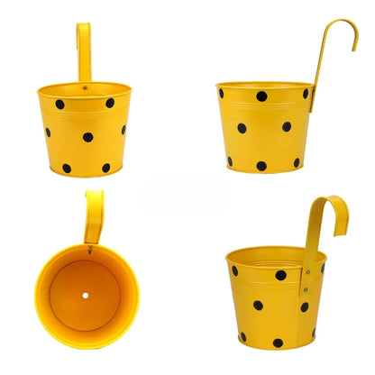 Poka Dot Print Metal Iron Rust Proof Balcony Railing Hanging Flower Pots- Pack of 5