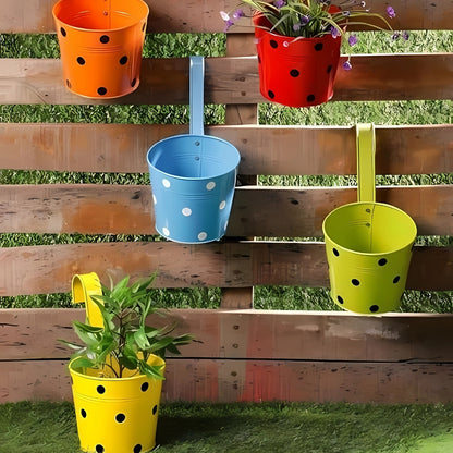 Poka Dot Print Metal Iron Rust Proof Balcony Railing Hanging Flower Pots- Pack of 5