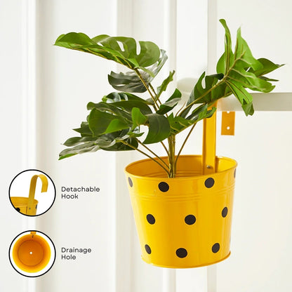 Poka Dot Print Metal Iron Rust Proof Balcony Railing Hanging Flower Pots- Pack of 5
