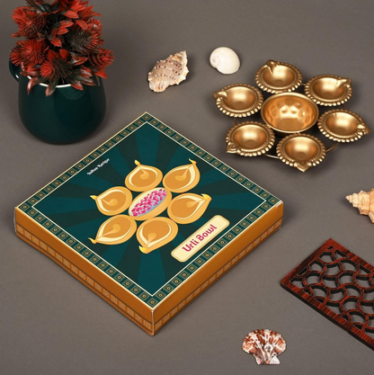Good Luck Gift Hamper | Gold Polished Ganpati Idol with Metal Urli, Candles, Organic Dhoop, Decorative Jharokas & Snacks | Diwali, Bhaidooj, Housewarming Gift Set