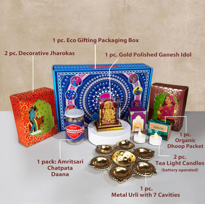 Good Luck Gift Hamper | Gold Polished Ganpati Idol with Metal Urli, Candles, Organic Dhoop, Decorative Jharokas & Snacks | Diwali, Bhaidooj, Housewarming Gift Set
