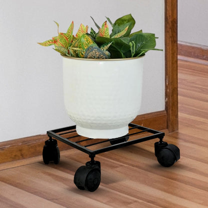 Heavy Duty Plant Stand with Wheels | Wheel Pot Trolley for Balcony, Indoor & Outdoor | Rust-Proof Metal Gamla Stand (Black) Pack of 4