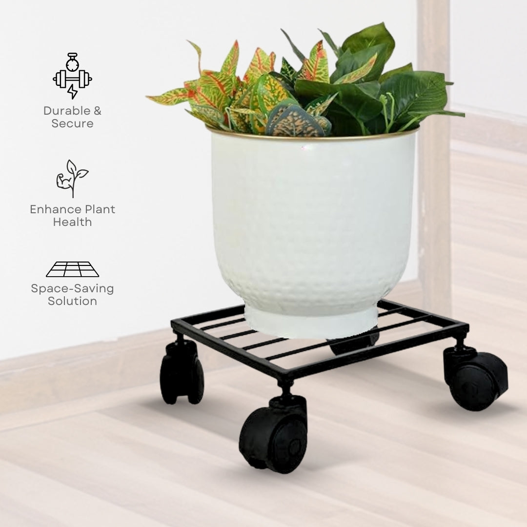 Heavy Duty Plant Stand with Wheels | Wheel Pot Trolley for Balcony, Indoor & Outdoor | Rust-Proof Metal Gamla Stand (Black) Pack of 4