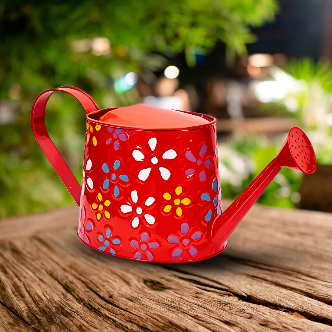 2 litres Hand Painted Metal planters Round Watering Can - Rust Free Home Decor Gifting, Garden, Gardening, Tools (Pack of 1, Red)