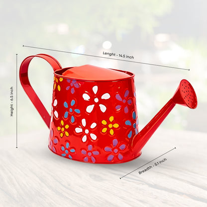 2 litres Hand Painted Metal planters Round Watering Can - Rust Free Home Decor Gifting, Garden, Gardening, Tools (Pack of 1, Red)