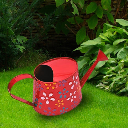 2 litres Hand Painted Metal planters Round Watering Can - Rust Free Home Decor Gifting, Garden, Gardening, Tools (Pack of 1, Red)