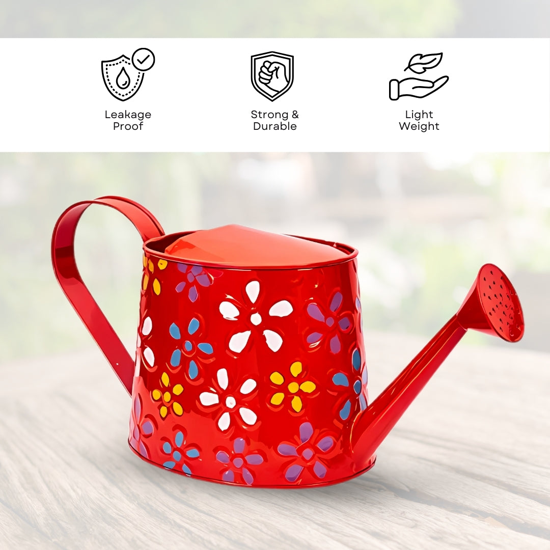 2 litres Hand Painted Metal planters Round Watering Can - Rust Free Home Decor Gifting, Garden, Gardening, Tools (Pack of 1, Red)