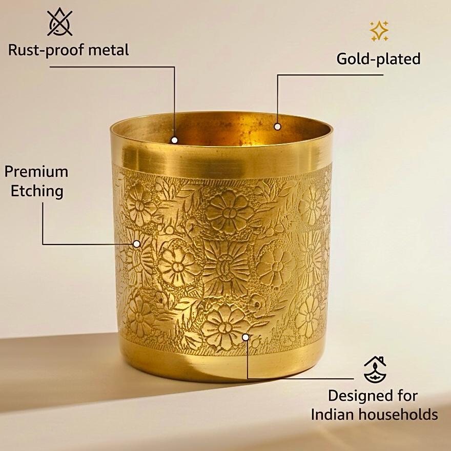 Premium Gold-Plated Floral Etched Metal Planter (Only Pot)