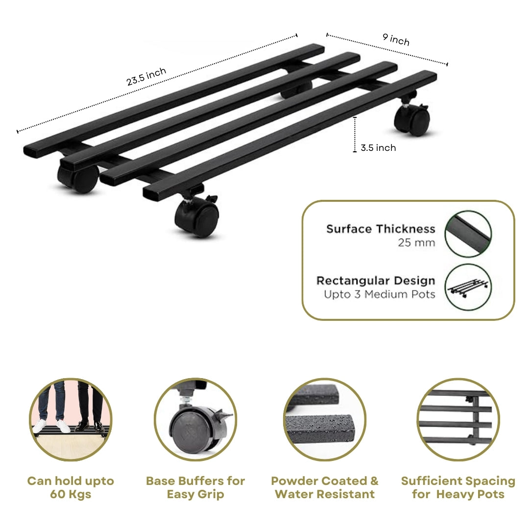 Heavy Duty Plant Stand with Wheels | Wheel Pot Trolley for Balcony, Indoor & Outdoor | Rust-Proof Metal Gamla Stand (Black) Pack of 2