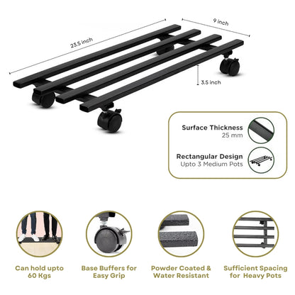 Heavy Duty Plant Stand with Wheels | Wheel Pot Trolley for Balcony, Indoor & Outdoor | Rust-Proof Metal Gamla Stand (Black) Pack of 2