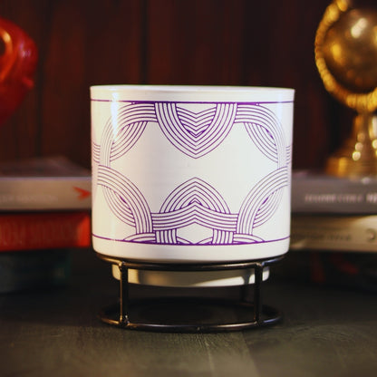 White Leaf Print Metal Pot with stand- 5 inch (Only Pot)