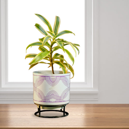 White Leaf Print Metal Pot with stand- 5 inch (Only Pot)