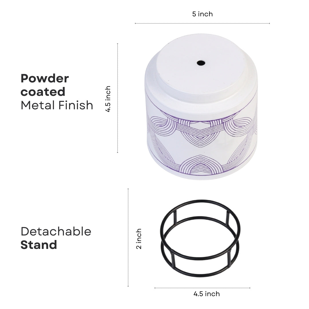 Metal Pot White with Round Stand Leaf Design for Indoor Outdoor Use, Rust-Free & Powder Coated - Pot Size: 13 x 13 cm