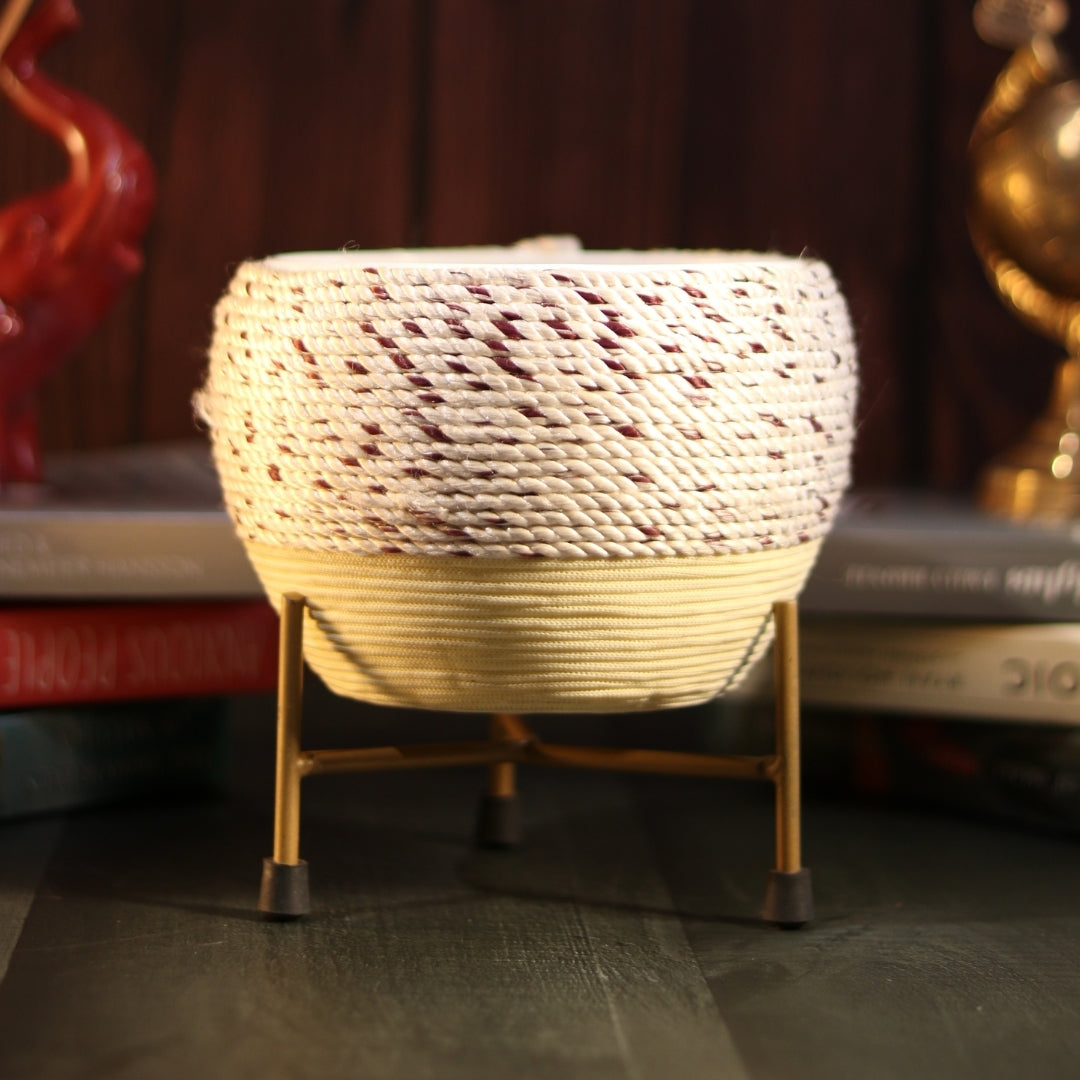 Beige Thread Woven Metal Pot with stand- 5.9 inches (Only Pot)