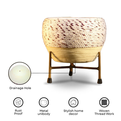 Beige Thread Woven Metal Pot with stand- 5.9 inches (Only Pot)